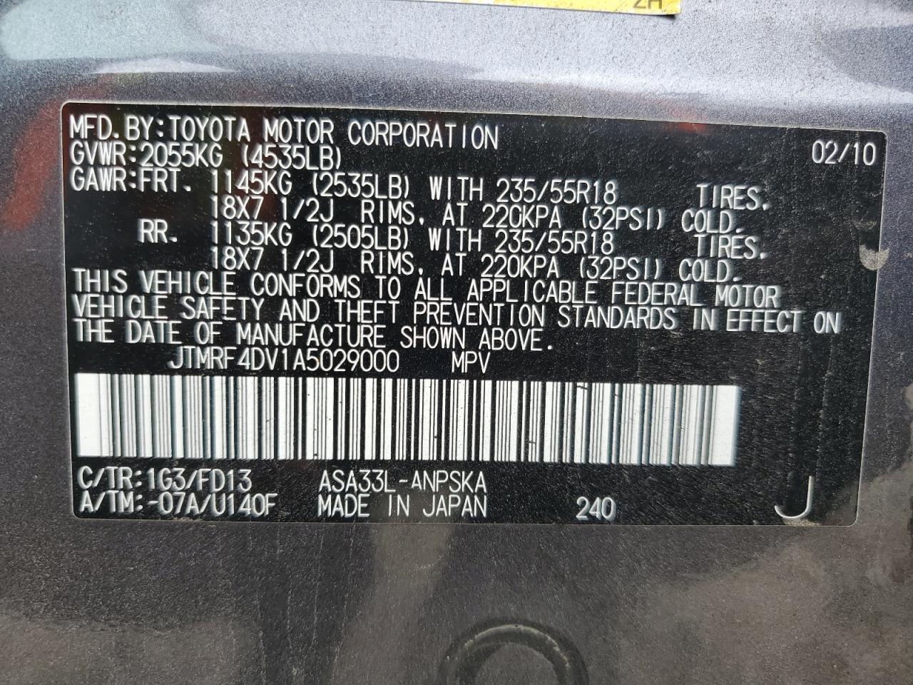 2010 Toyota Rav4 Sport VIN: JTMRF4DV1A5029000 Lot: 84777835