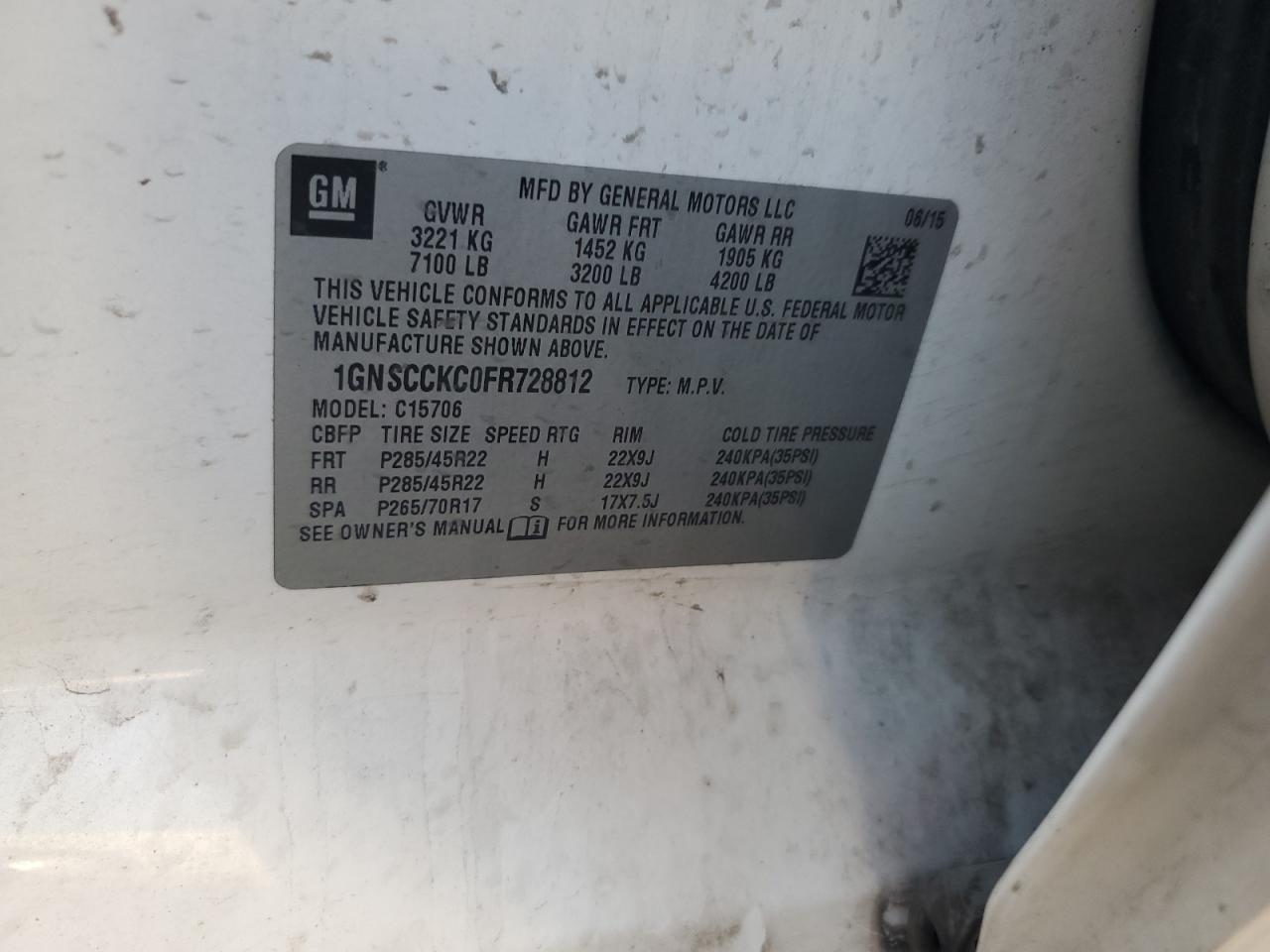 2015 Chevrolet Tahoe C1500 Ltz VIN: 1GNSCCKC0FR728812 Lot: 80940155