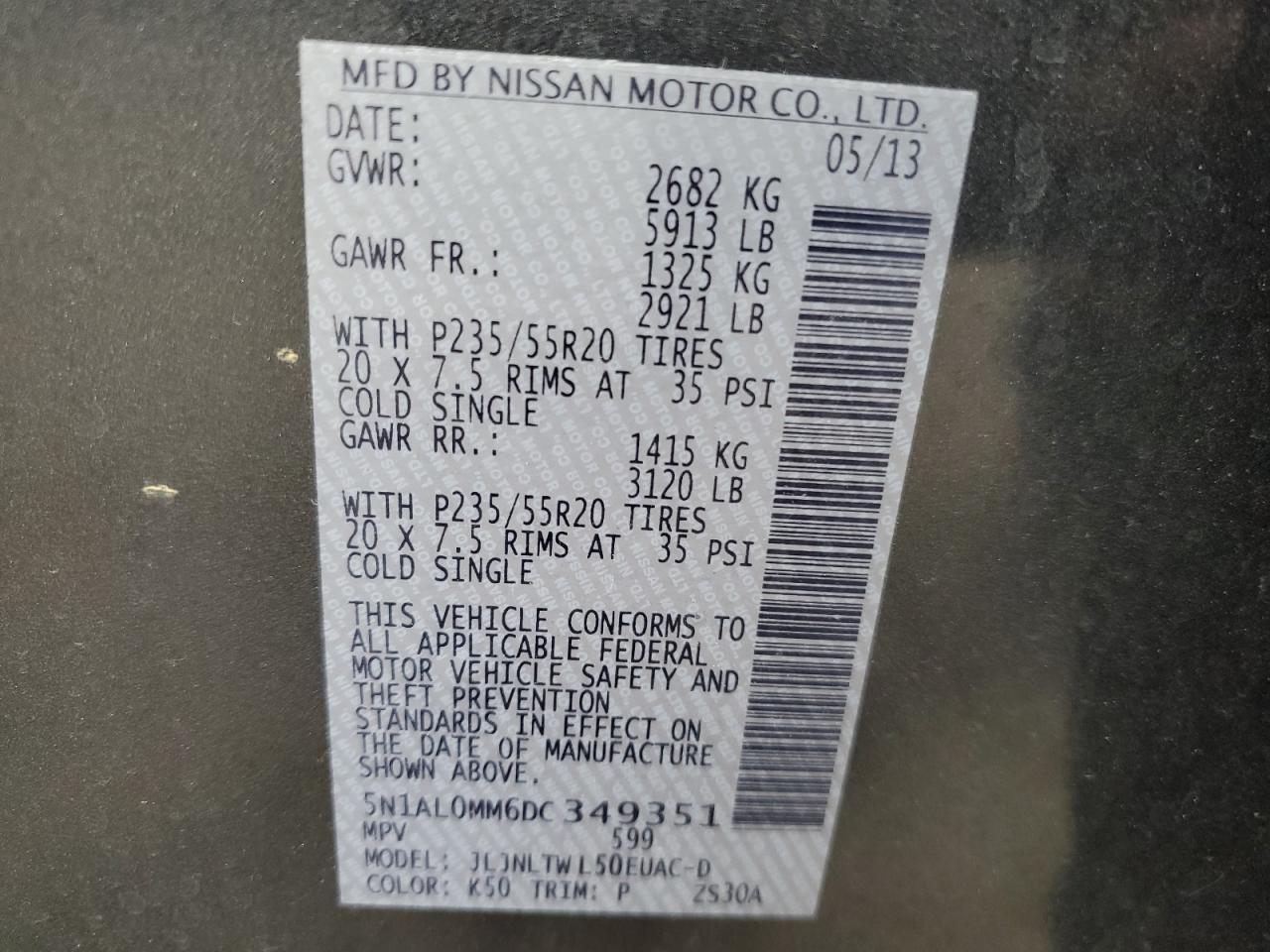 2013 Infiniti Jx35 VIN: 5N1AL0MM6DC349351 Lot: 84594915