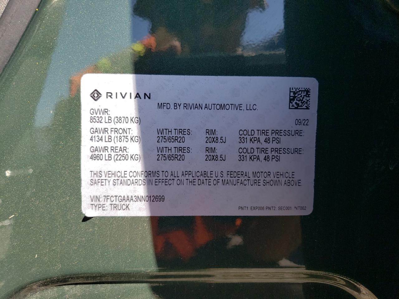 2022 Rivian R1T Adventure VIN: 7FCTGAAA3NN012699 Lot: 71674685