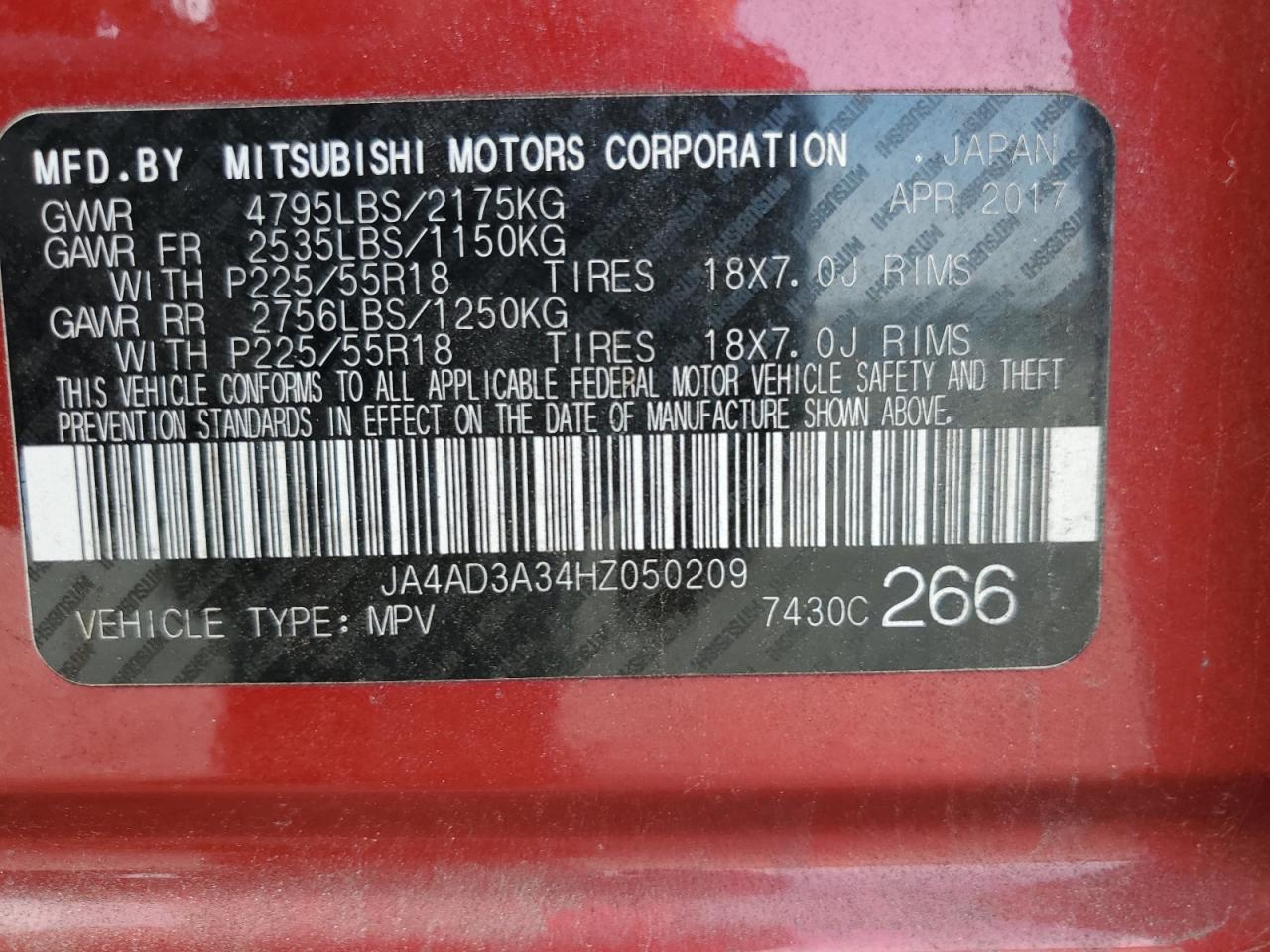 2017 Mitsubishi Outlander Se VIN: JA4AD3A34HZ050209 Lot: 80959715