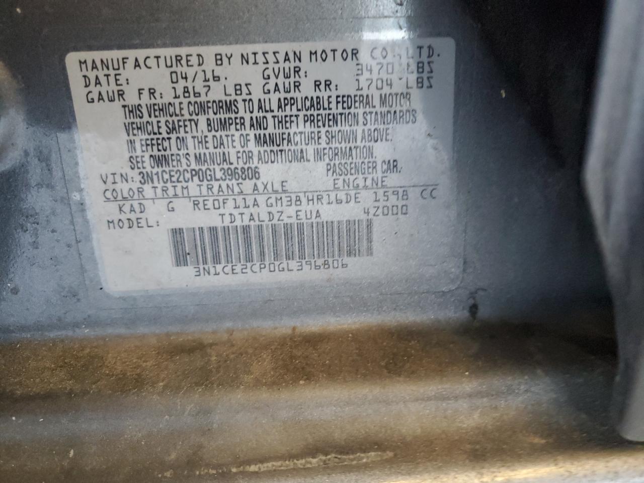 2016 Nissan Versa Note S VIN: 3N1CE2CP0GL396806 Lot: 80362895