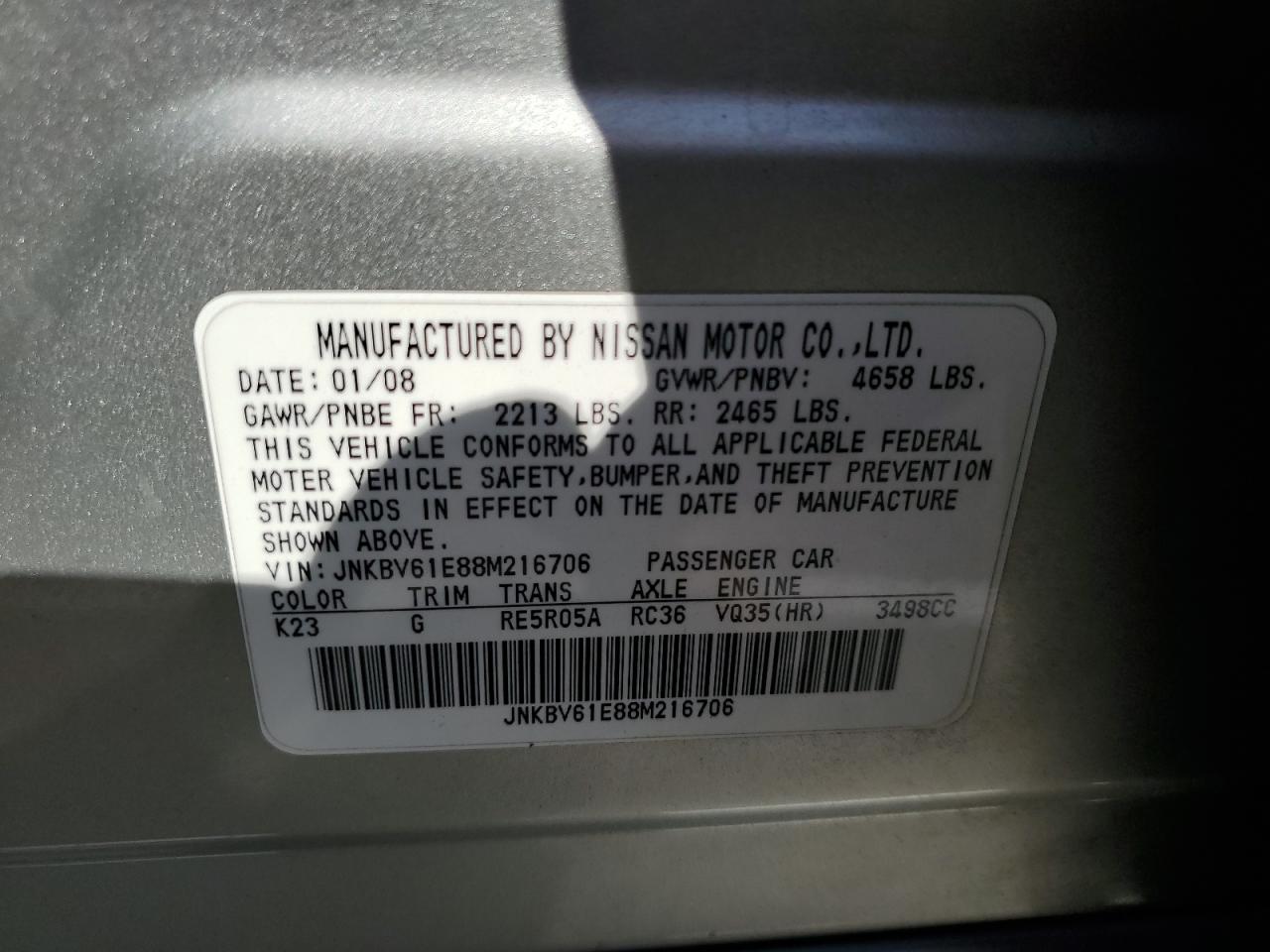 2008 Infiniti G35 VIN: JNKBV61E88M216706 Lot: 81903385