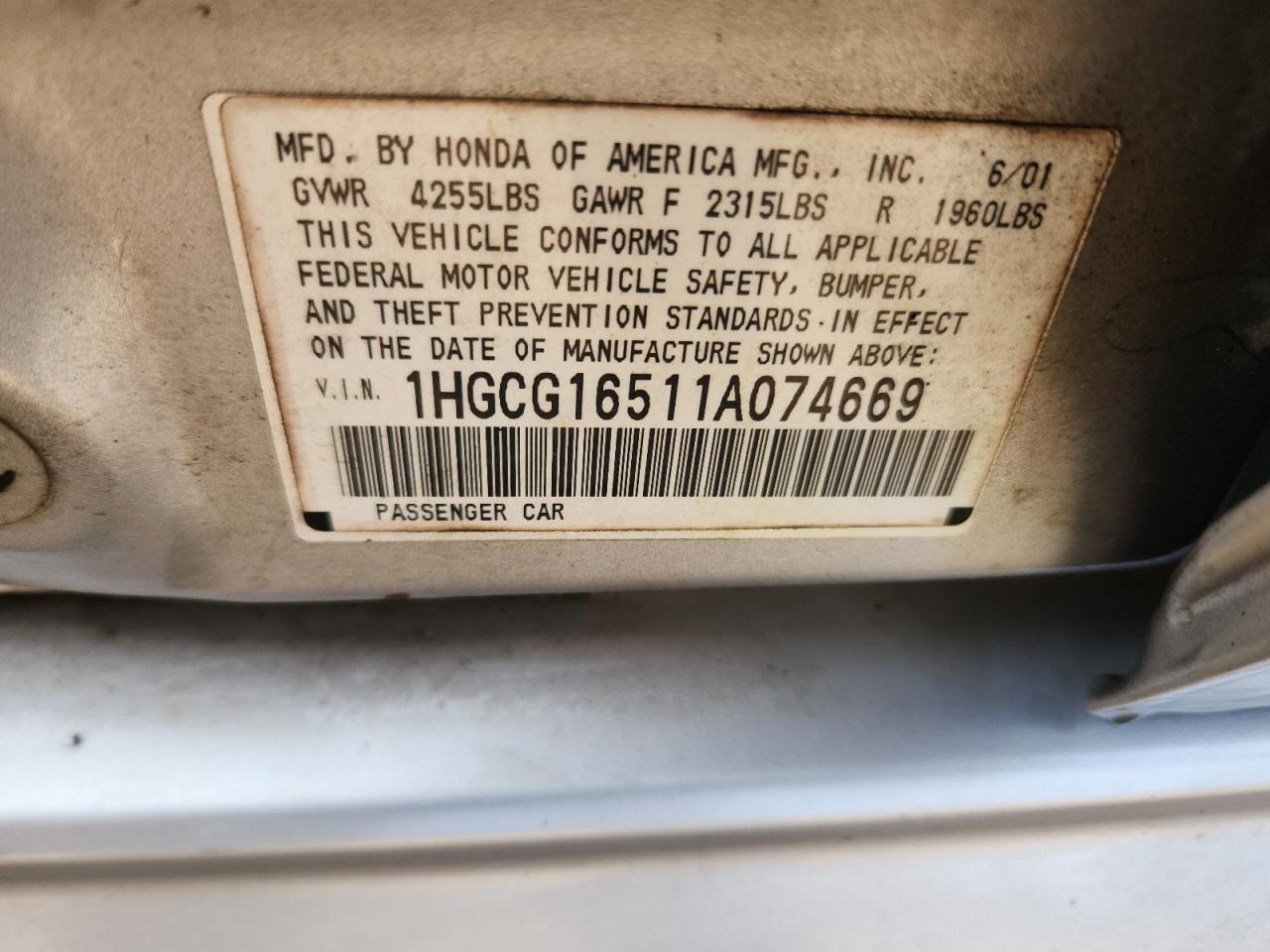 2001 Honda Accord Ex VIN: 1HGCG16511A074669 Lot: 80342715