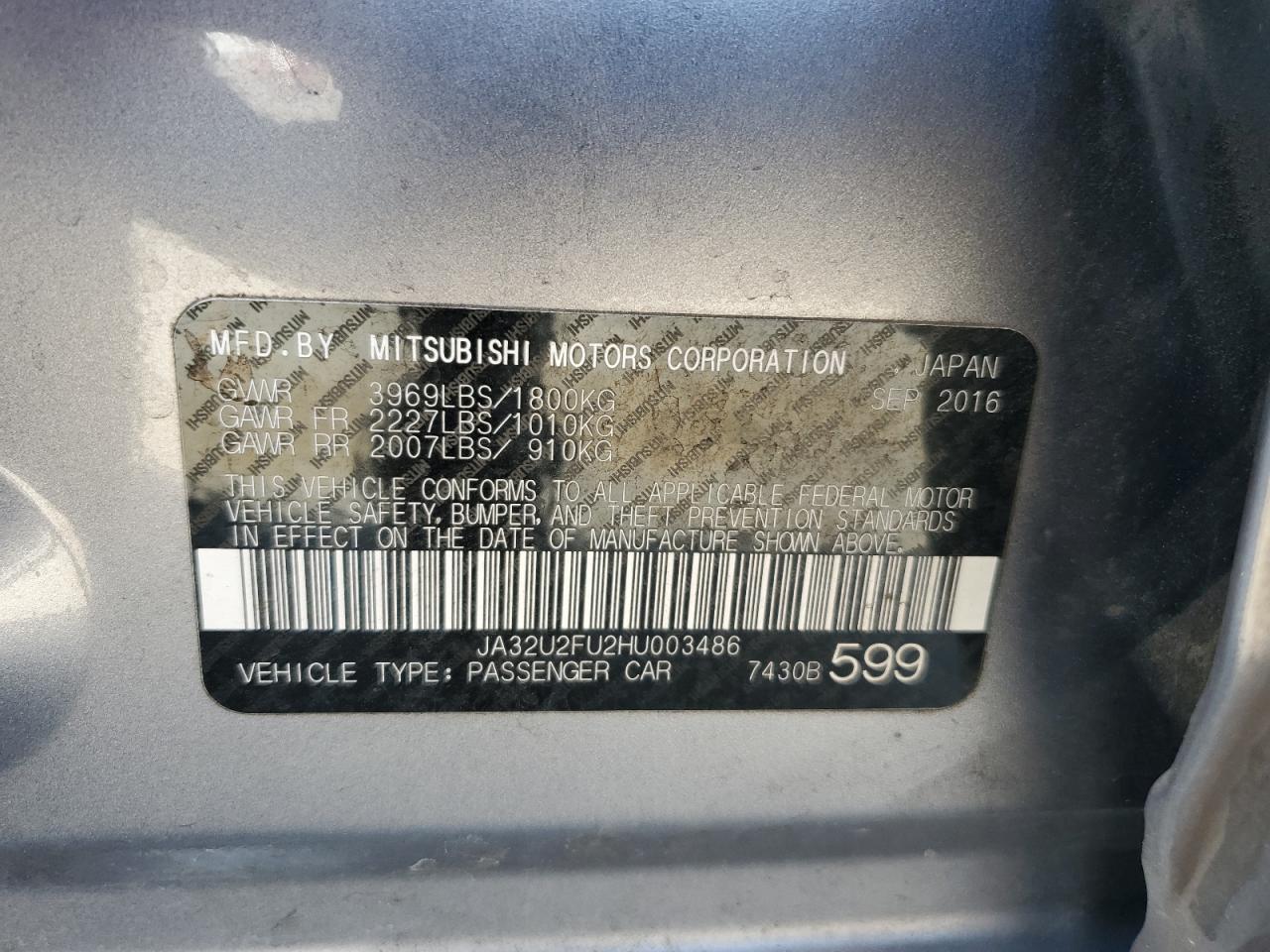 2017 Mitsubishi Lancer Es VIN: JA32U2FU2HU003486 Lot: 81691405