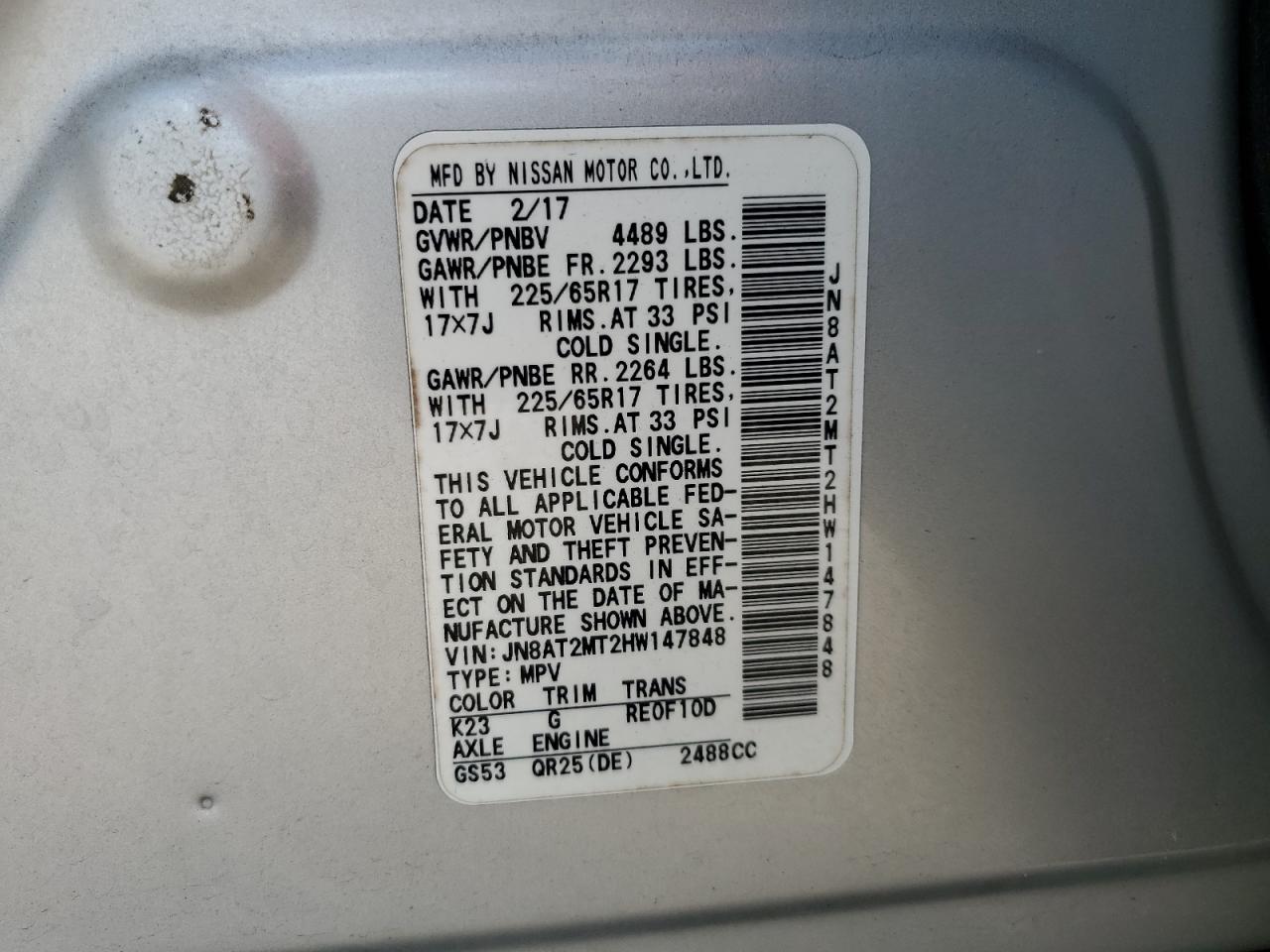 2017 Nissan Rogue S VIN: JN8AT2MT2HW147848 Lot: 71704195