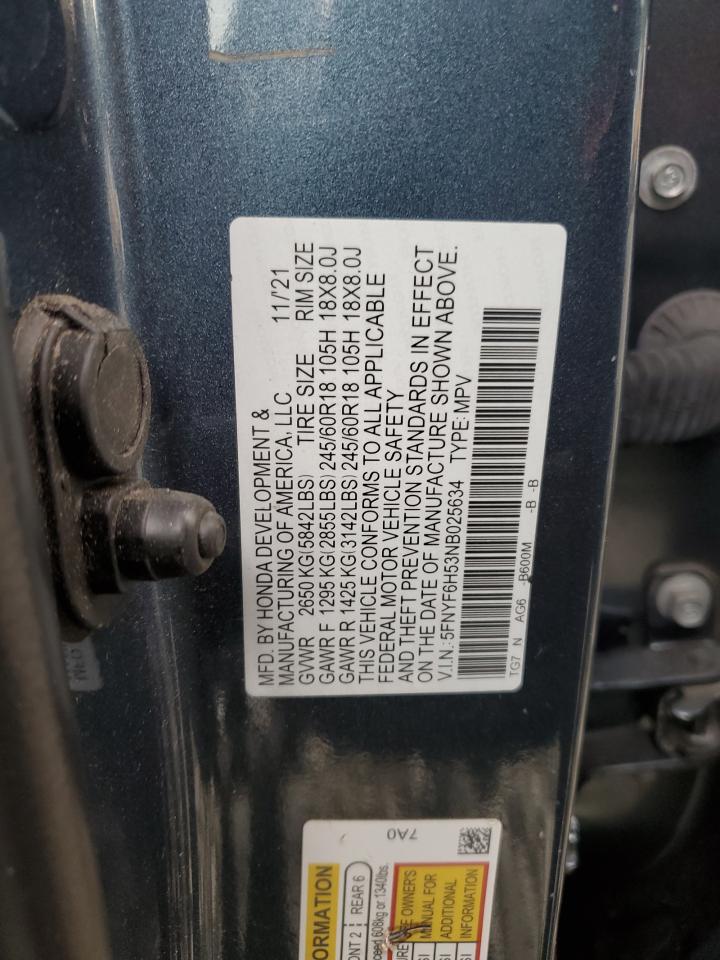 2022 Honda Pilot Exl VIN: 5FNYF6H53NB025634 Lot: 71899975