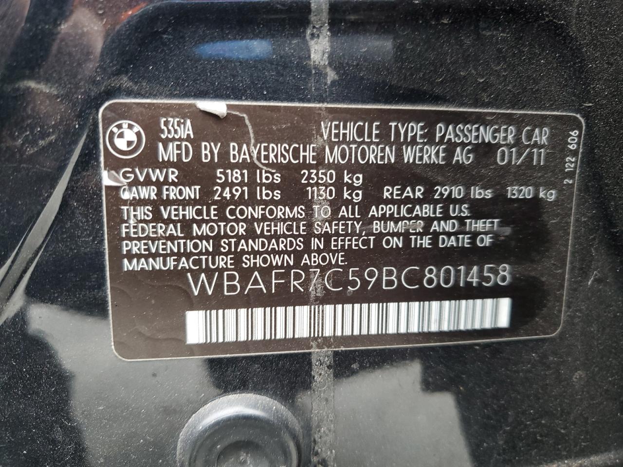 2011 BMW 535 I VIN: WBAFR7C59BC801458 Lot: 81820675