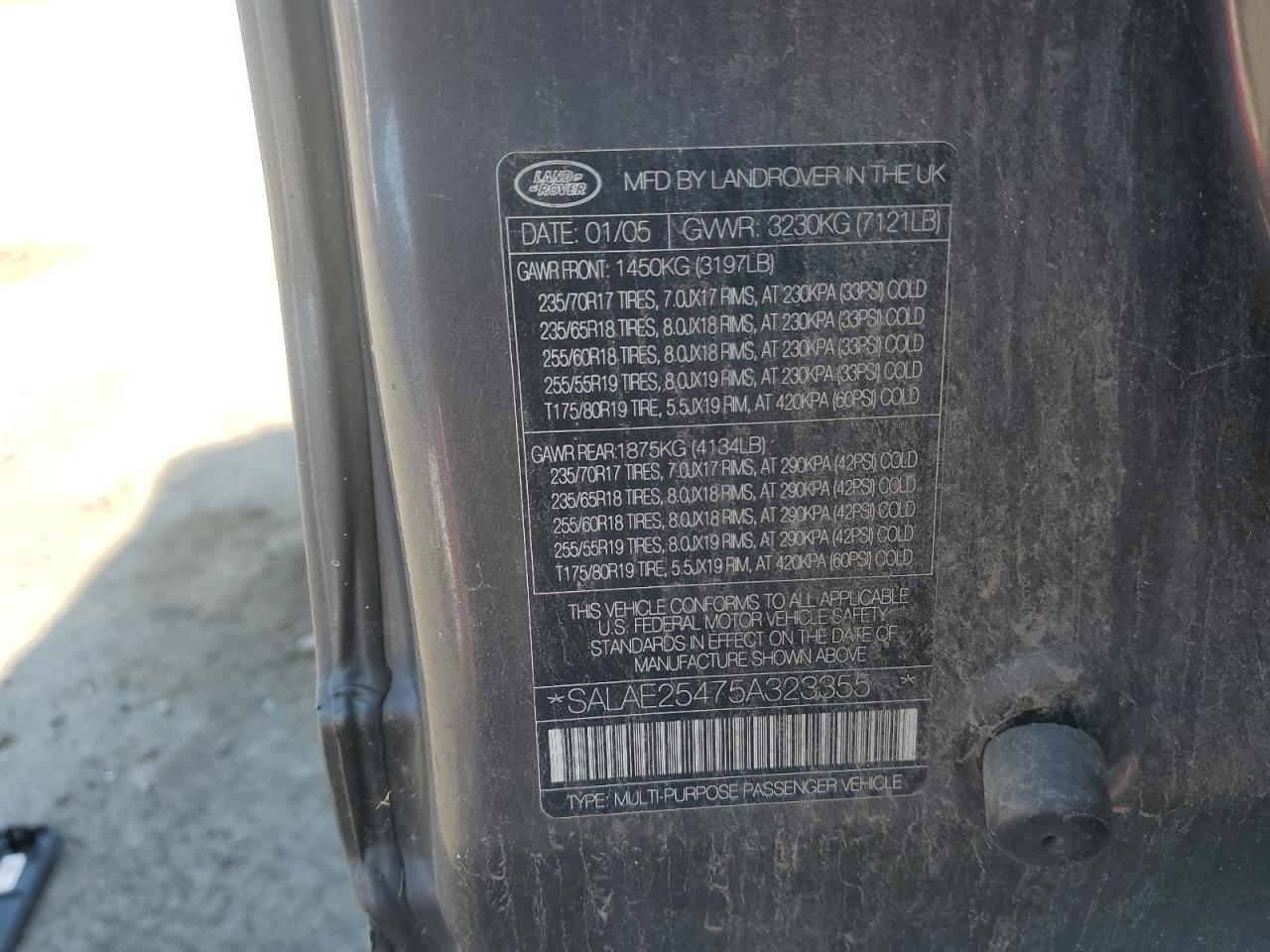 2005 Land Rover Lr3 Se VIN: SALAE25475A323355 Lot: 80641165