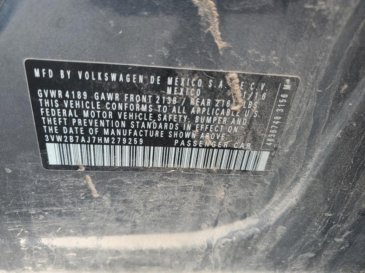 2017 Volkswagen Jetta S VIN: 3VW2B7AJ7HM279259 Lot: 72027455