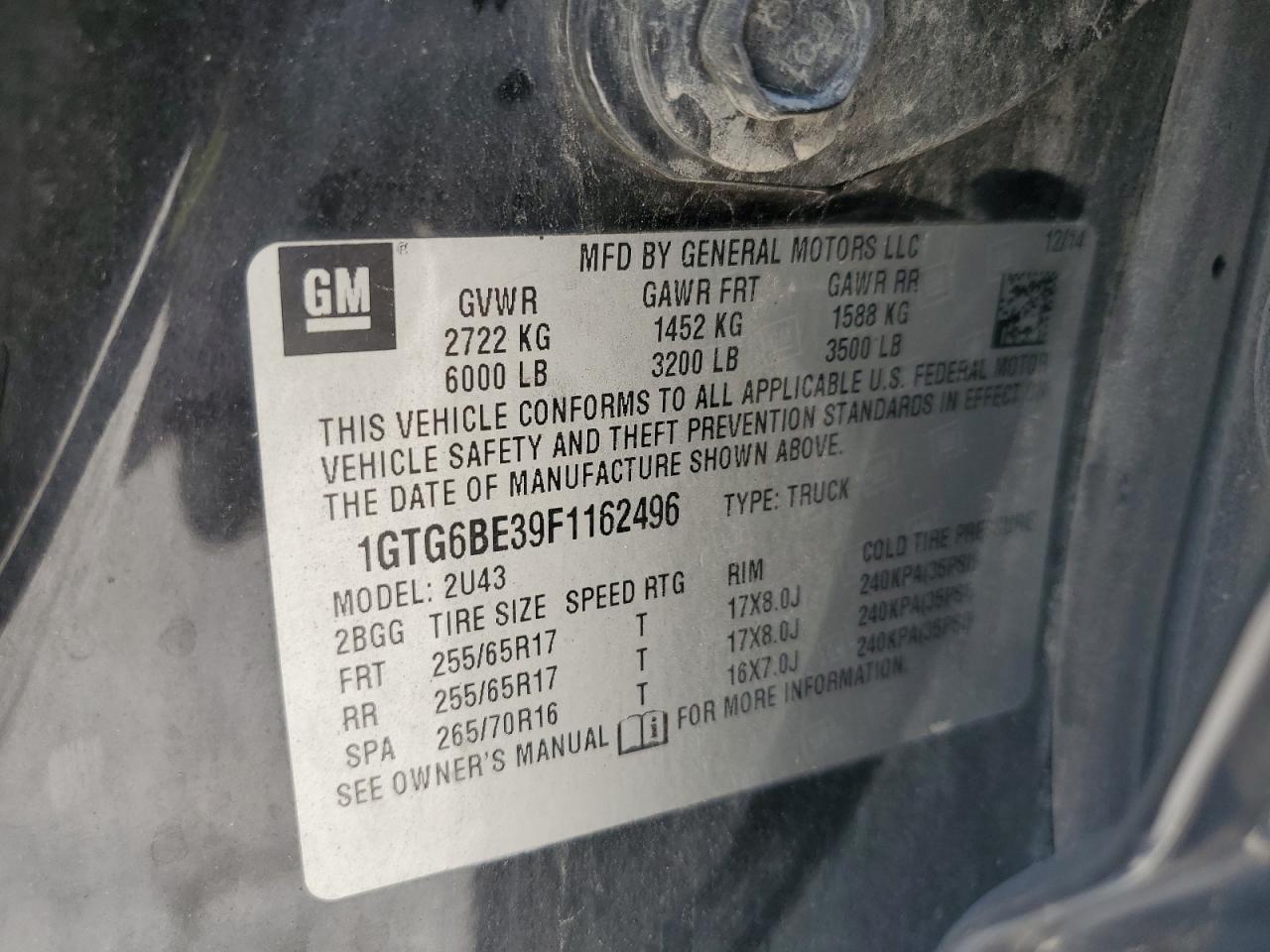 2015 GMC Canyon Sle VIN: 1GTG6BE39F1162496 Lot: 84443215