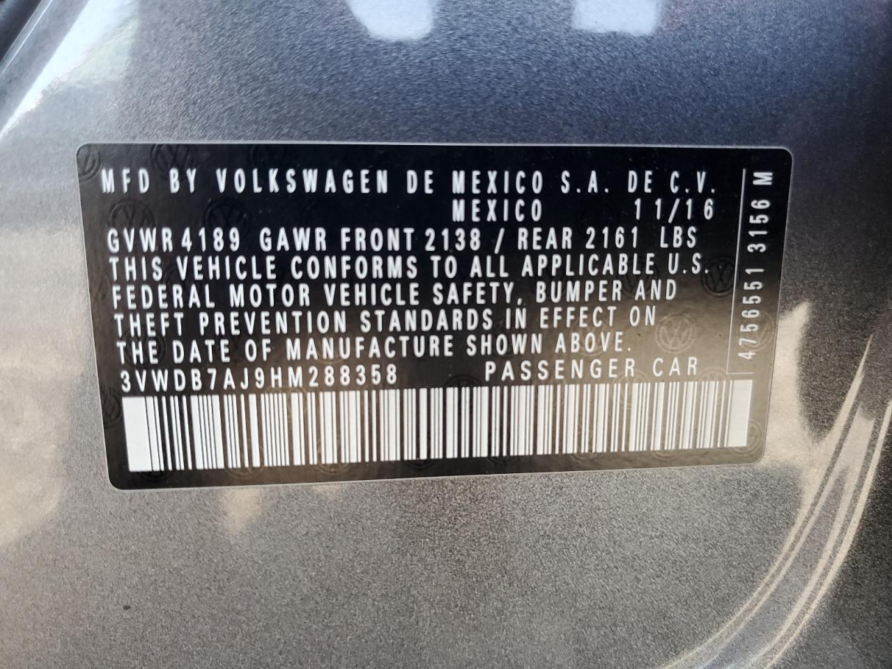 2017 Volkswagen Jetta Se VIN: 3VWDB7AJ9HM288358 Lot: 71293855