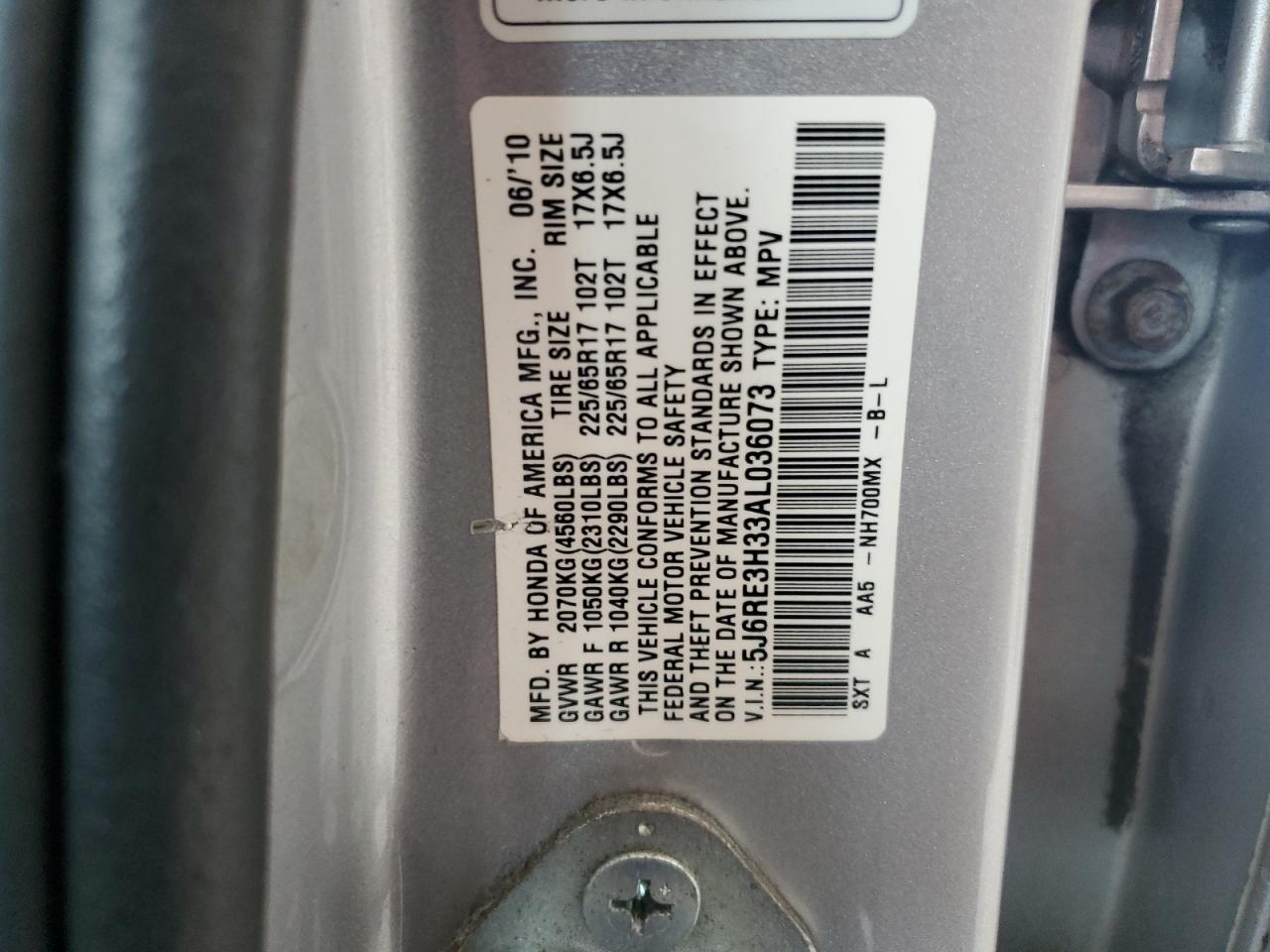 2010 Honda Cr-V Lx VIN: 5J6RE3H33AL036073 Lot: 81411585