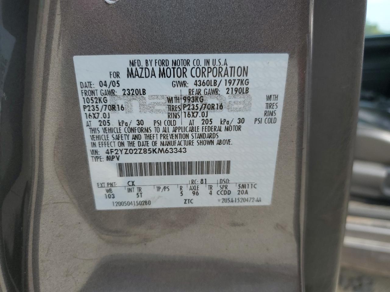 2005 Mazda Tribute I VIN: 4F2YZ02Z85KM63343 Lot: 80834015