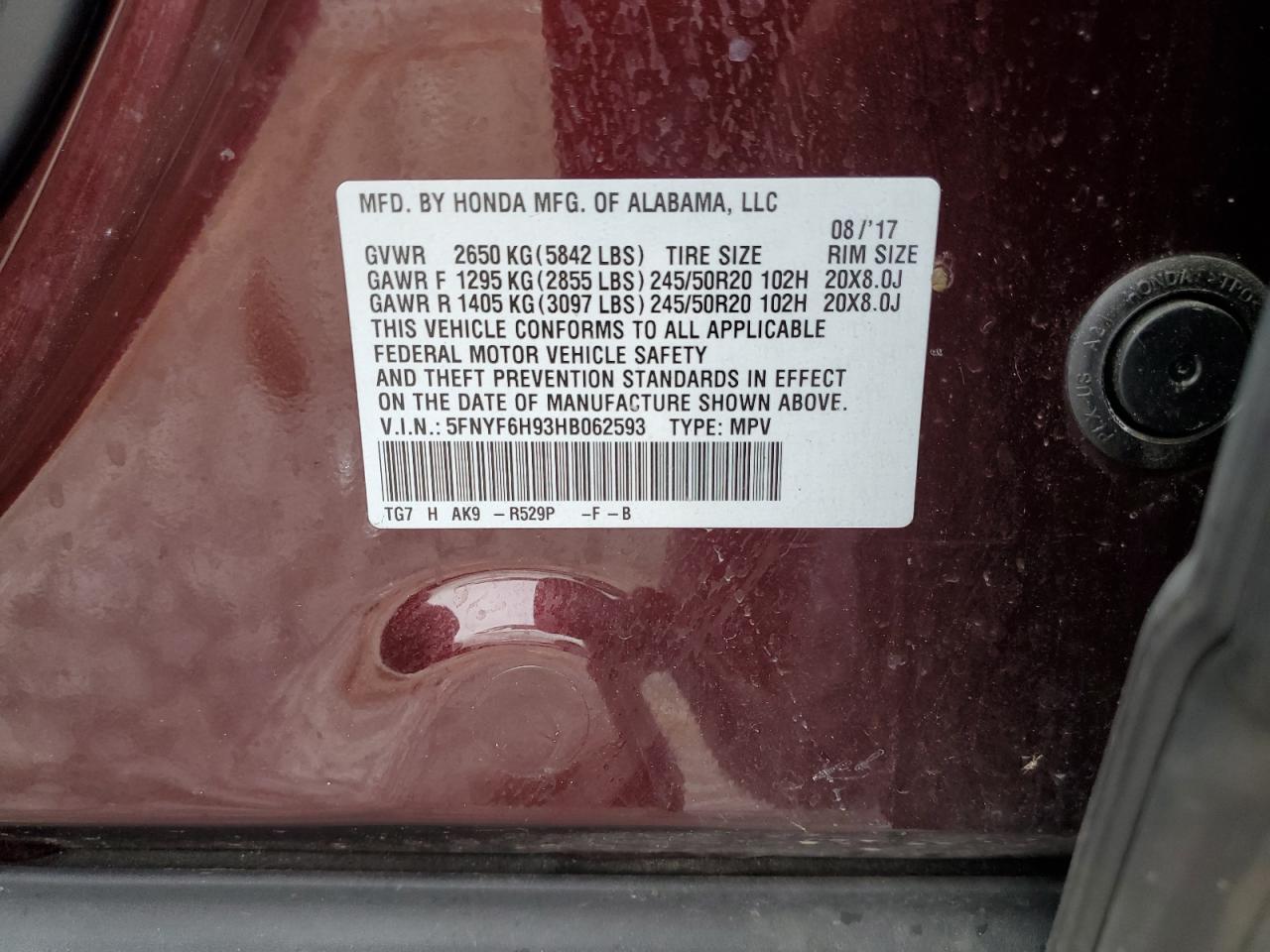 2017 Honda Pilot Touring VIN: 5FNYF6H93HB062593 Lot: 81287215