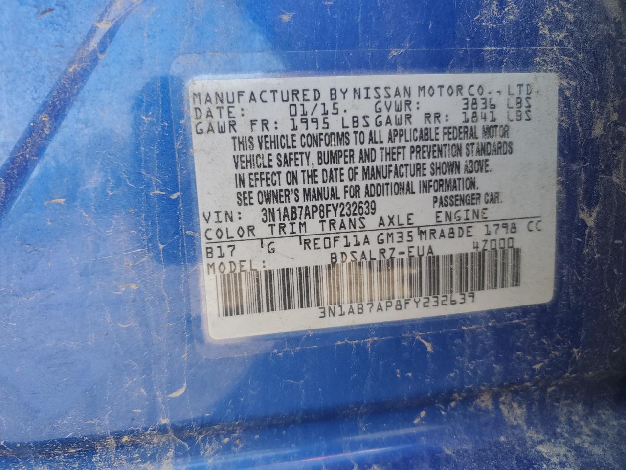 2015 Nissan Sentra S VIN: 3N1AB7AP8FY232639 Lot: 81280775