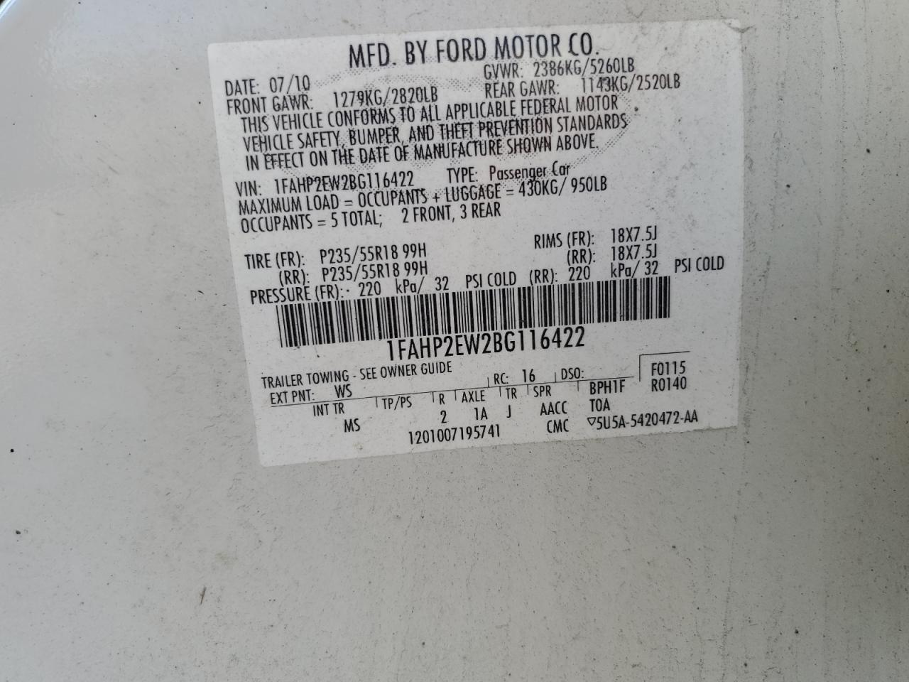 2011 Ford Taurus Sel VIN: 1FAHP2EW2BG116422 Lot: 80293455