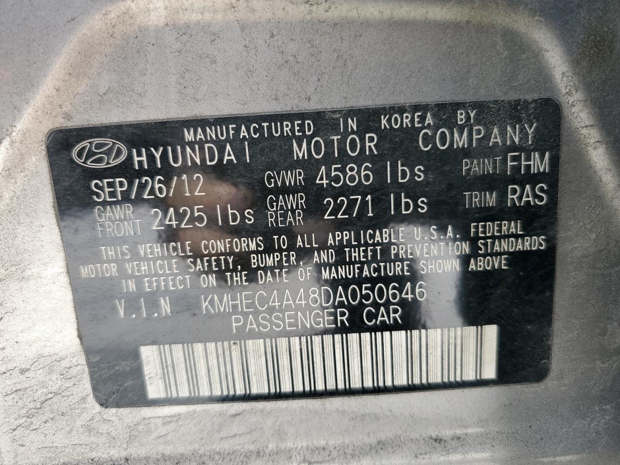 2013 Hyundai Sonata Hybrid VIN: KMHEC4A48DA050646 Lot: 71209455