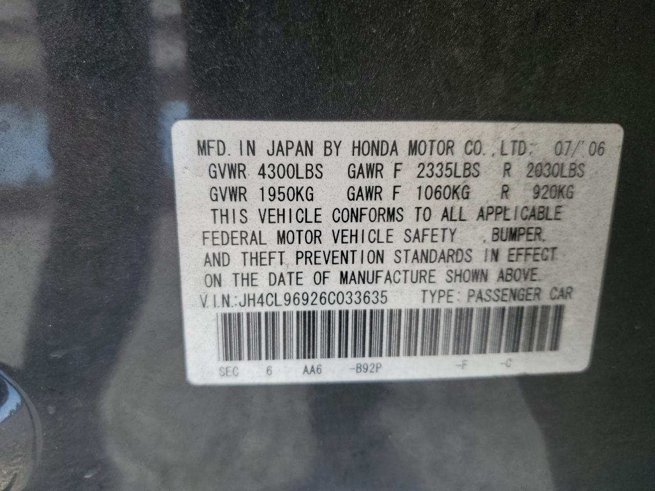 2006 Acura Tsx VIN: JH4CL96926C033635 Lot: 80352165