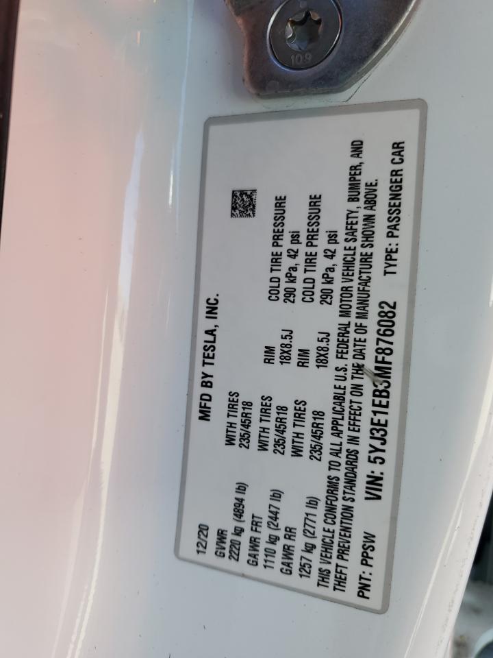 2021 Tesla Model 3 VIN: 5YJ3E1EB3MF876082 Lot: 83864045