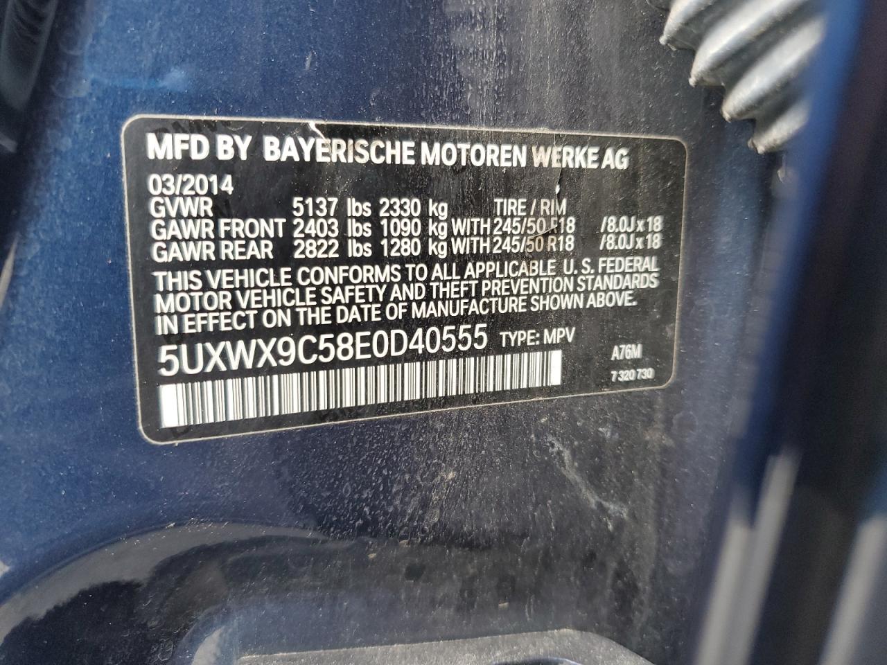 2014 BMW X3 xDrive28I VIN: 5UXWX9C58E0D40555 Lot: 81740595