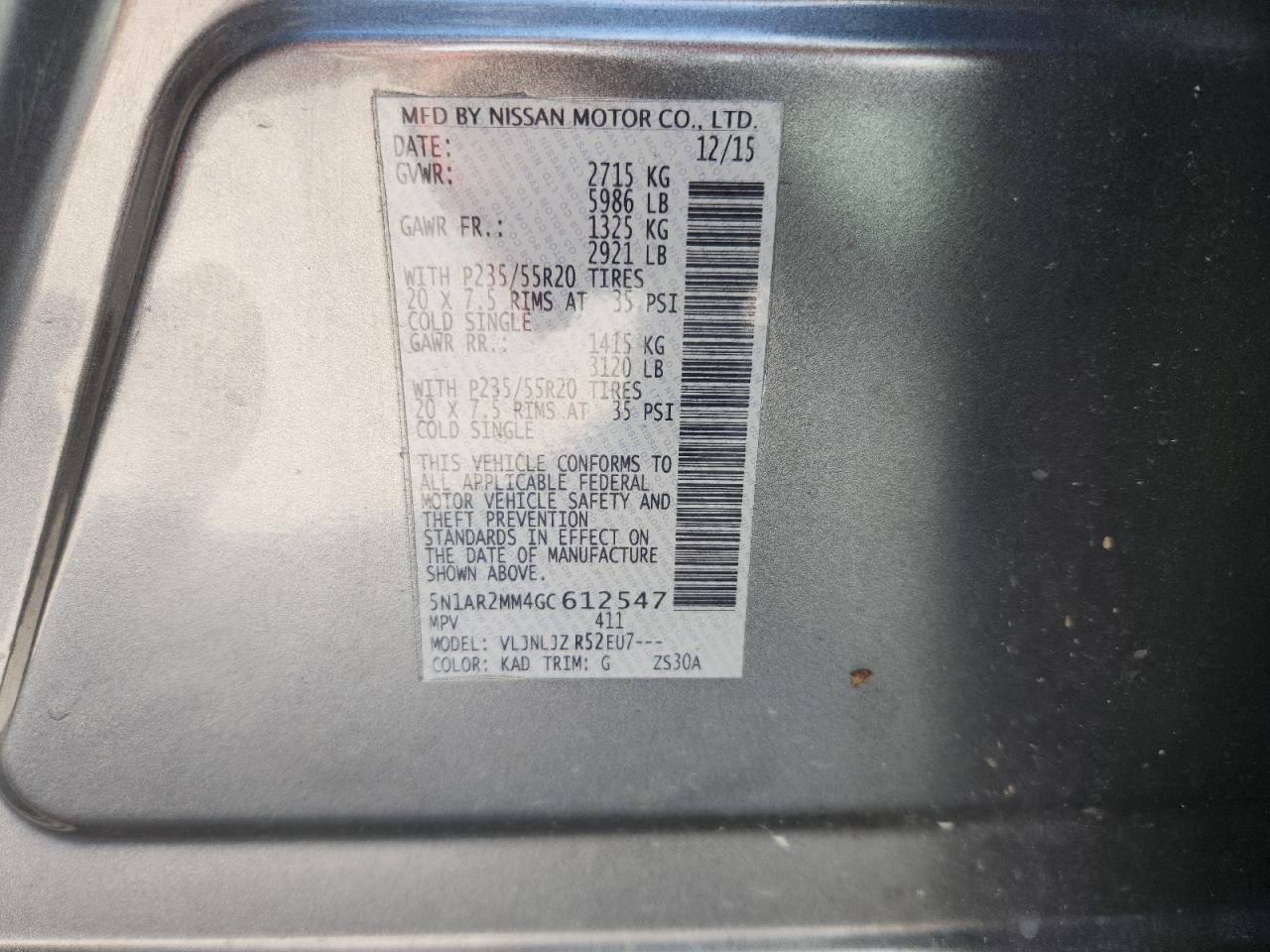 2016 Nissan Pathfinder S VIN: 5N1AR2MM4GC612547 Lot: 71862715