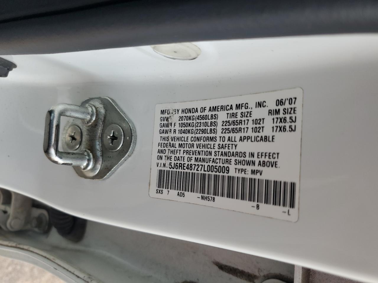 2007 Honda Cr-V Exl VIN: 5J6RE48727L005009 Lot: 71849315