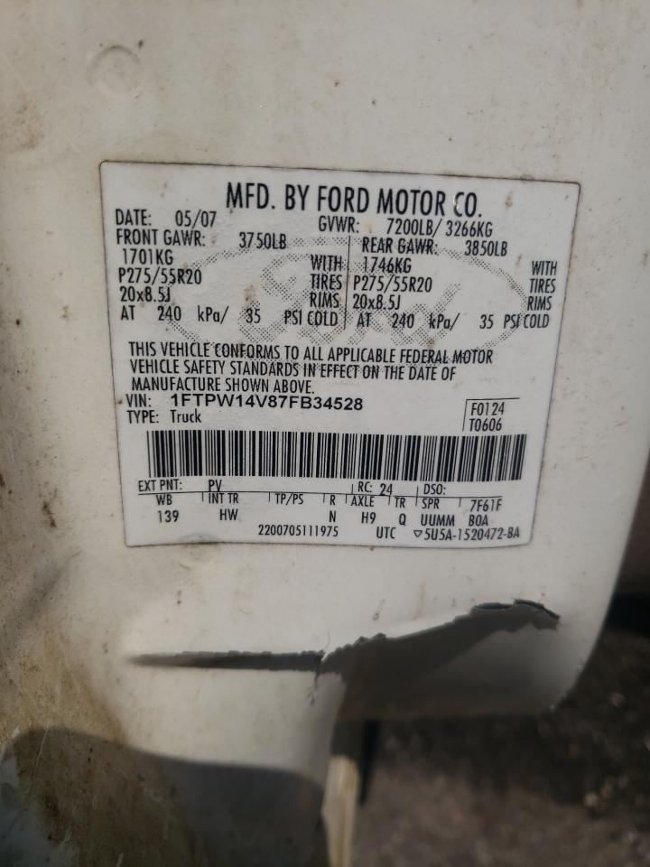 2007 Ford F150 Supercrew VIN: 1FTPW14V87FB34528 Lot: 80563905