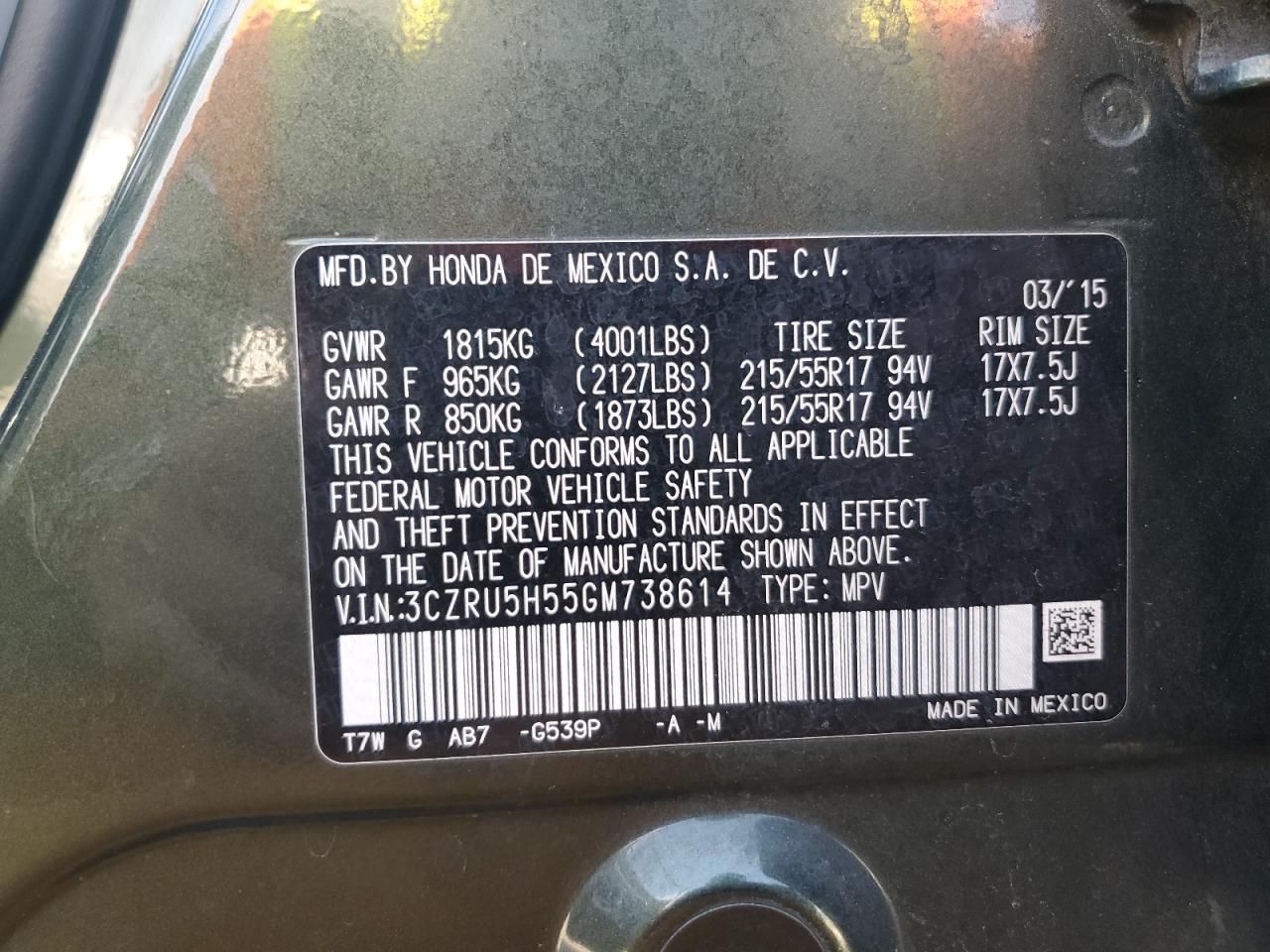 2016 Honda Hr-V Ex VIN: 3CZRU5H55GM738614 Lot: 81820565