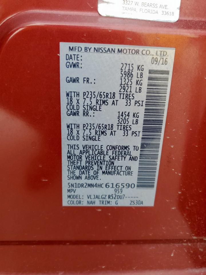 2017 Nissan Pathfinder S VIN: 5N1DR2MN4HC616590 Lot: 84424395