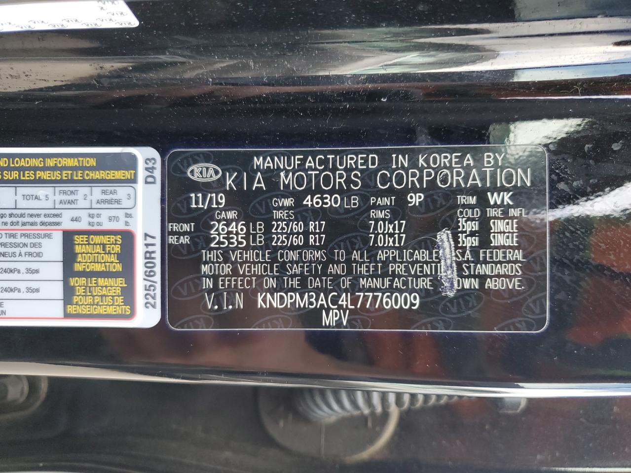 2020 Kia Sportage Lx VIN: KNDPM3AC4L7776009 Lot: 81008865