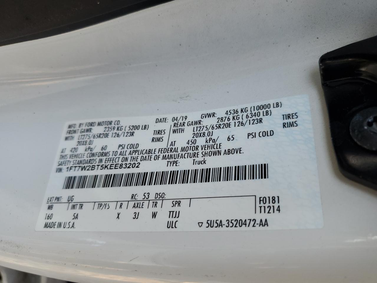 2019 Ford F250 Super Duty VIN: 1FT7W2BT5KEE83202 Lot: 70200095