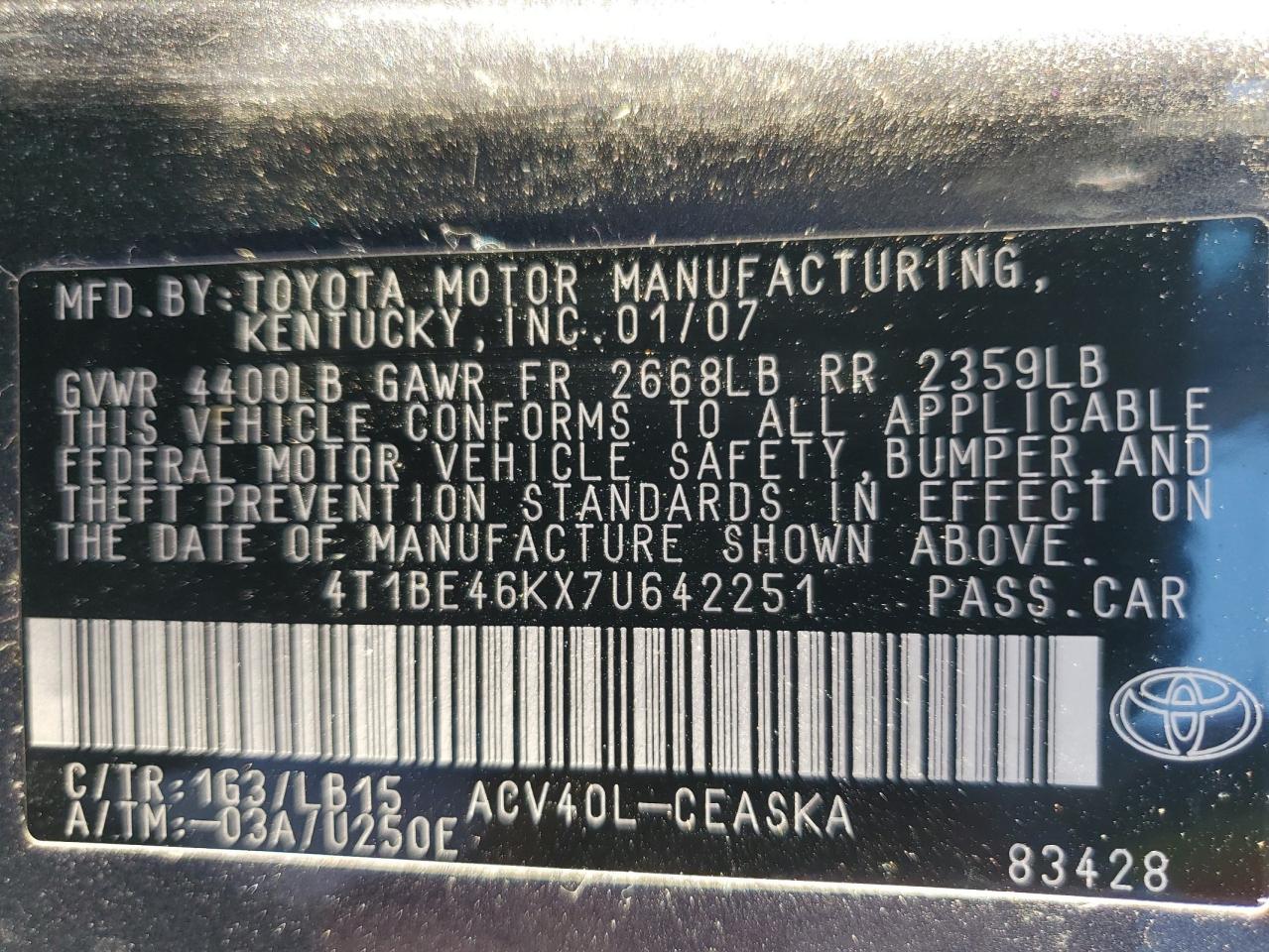 2007 Toyota Camry Ce VIN: 4T1BE46KX7U642251 Lot: 84557815