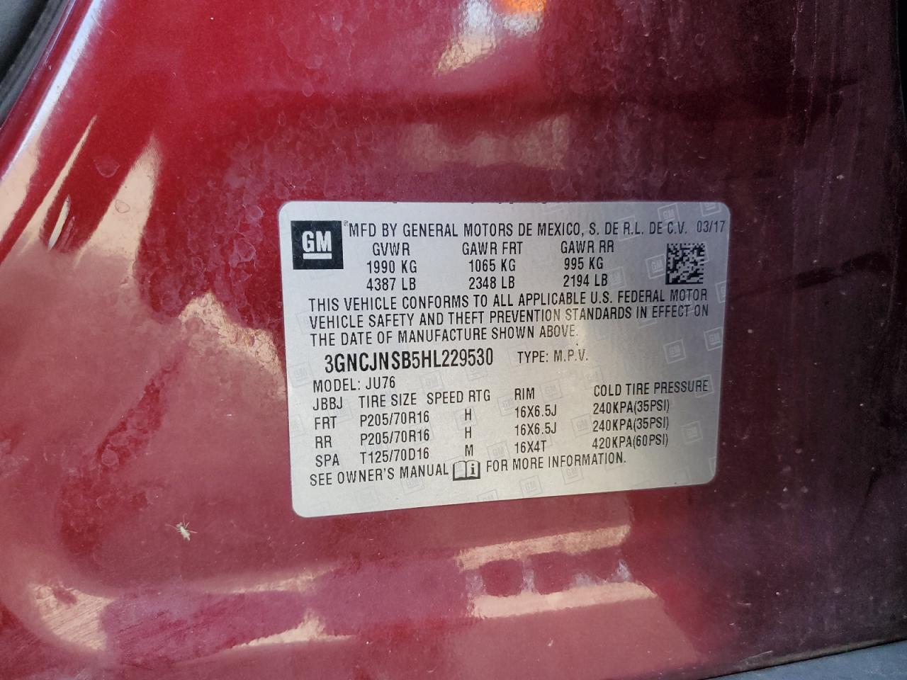 2017 Chevrolet Trax Ls VIN: 3GNCJNSB5HL229530 Lot: 71918265