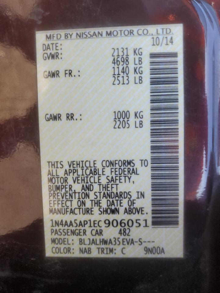 2014 Nissan Maxima S VIN: 1N4AA5AP1EC906051 Lot: 80007605