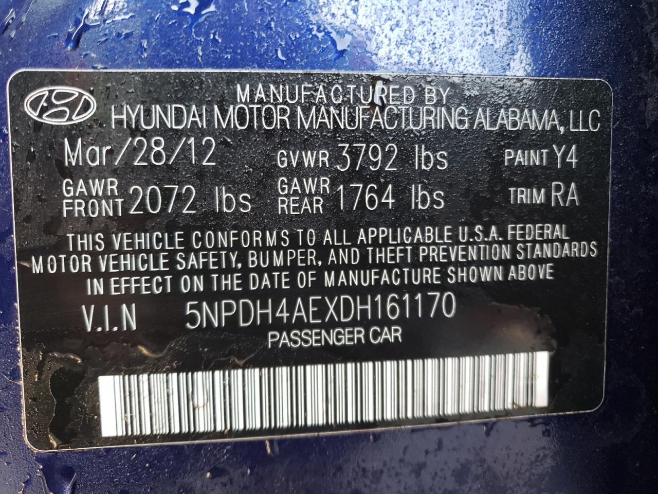 2013 Hyundai Elantra Gls VIN: 5NPDH4AEXDH161170 Lot: 71473315