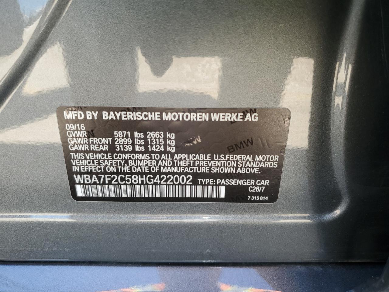 2017 BMW 750 Xi VIN: WBA7F2C58HG422002 Lot: 83964895