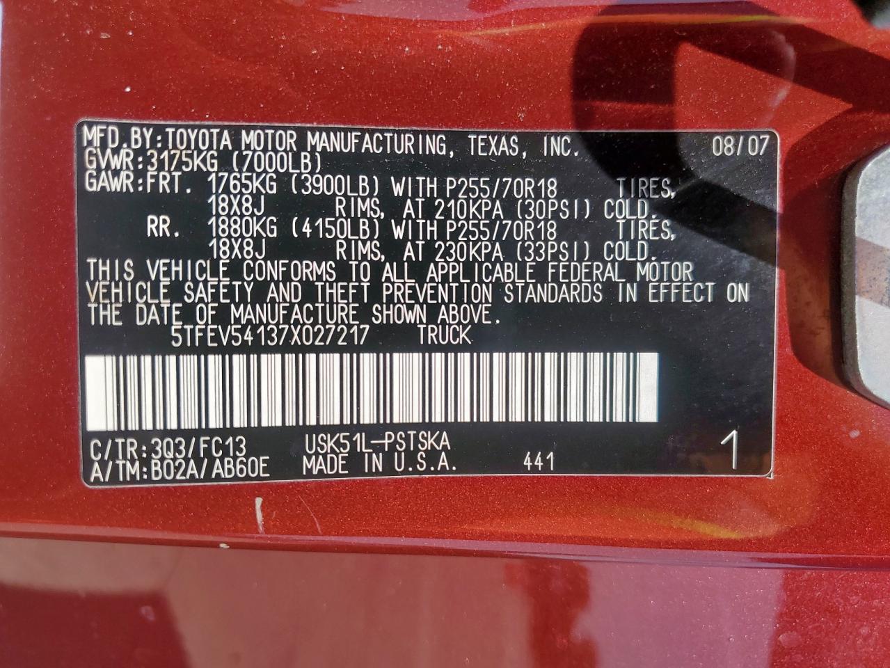 2007 Toyota Tundra Crewmax Sr5 VIN: 5TFEV54137X027217 Lot: 80519695