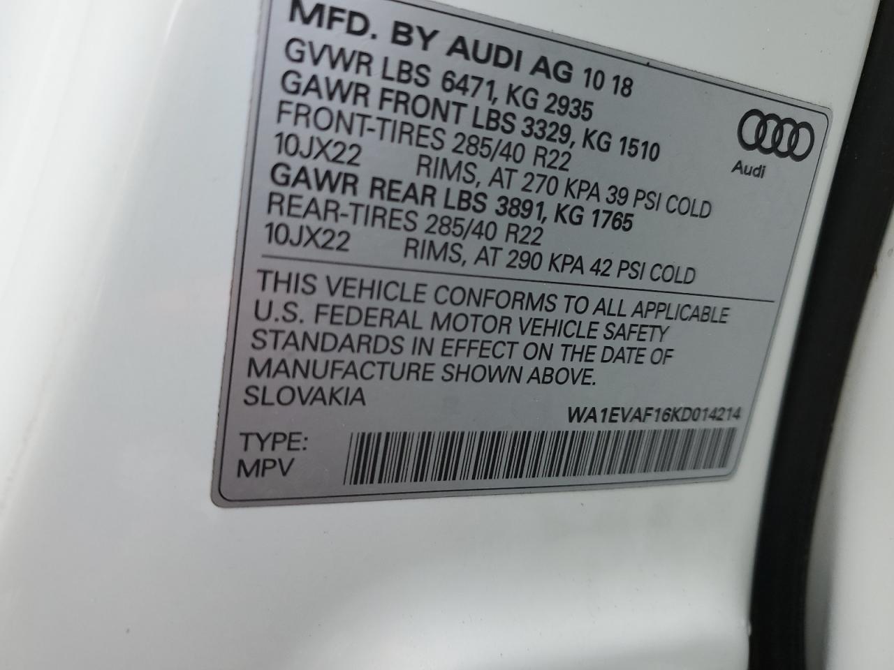 2019 Audi Q8 Premium Plus S-Line VIN: WA1EVAF16KD014214 Lot: 81475625