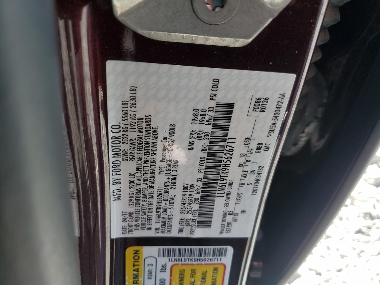 2017 Lincoln Continental Select VIN: 1LN6L9TK9H5626711 Lot: 81911095