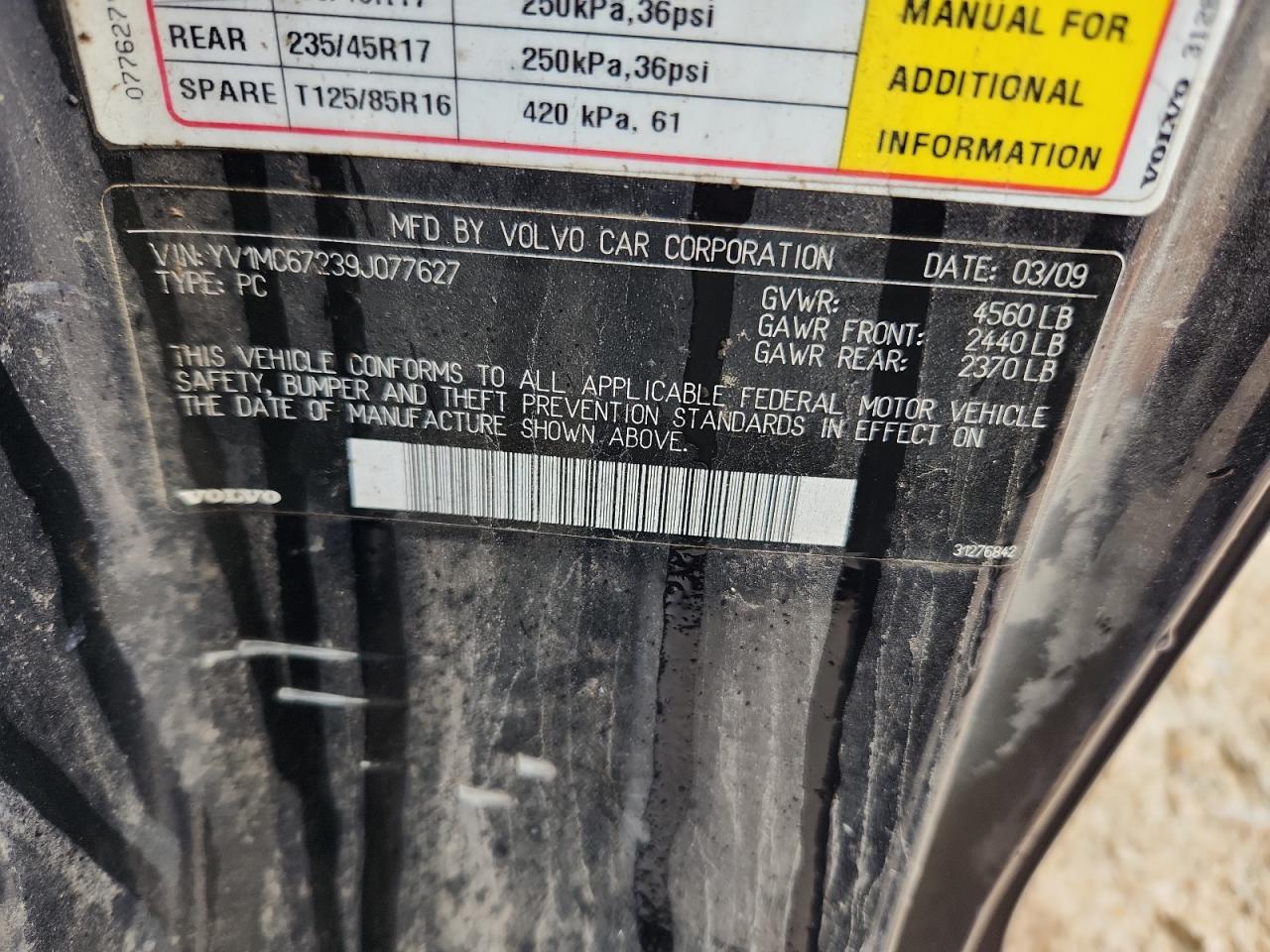2009 Volvo C70 T5 VIN: YV1MC67239J077627 Lot: 81455165