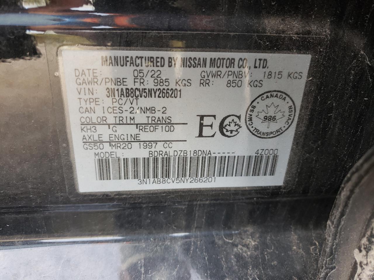 2022 Nissan Sentra Sv VIN: 3N1AB8CV5NY266201 Lot: 81600265