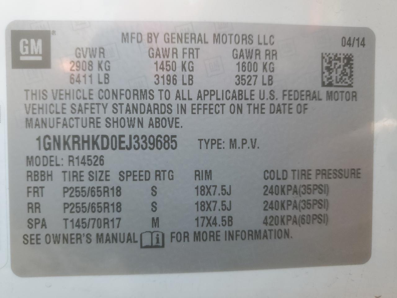 2014 Chevrolet Traverse Lt VIN: 1GNKRHKD0EJ339685 Lot: 71699335