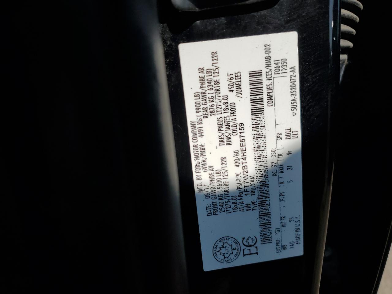 2017 Ford F250 Super Duty VIN: 1FT7W2BT4HEE67159 Lot: 81126765