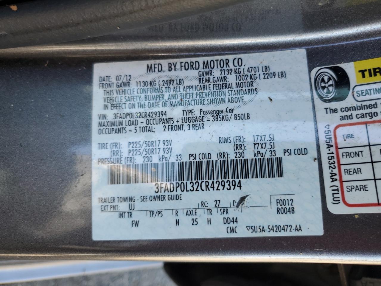 2012 Ford Fusion Hybrid VIN: 3FADP0L32CR429394 Lot: 71992385