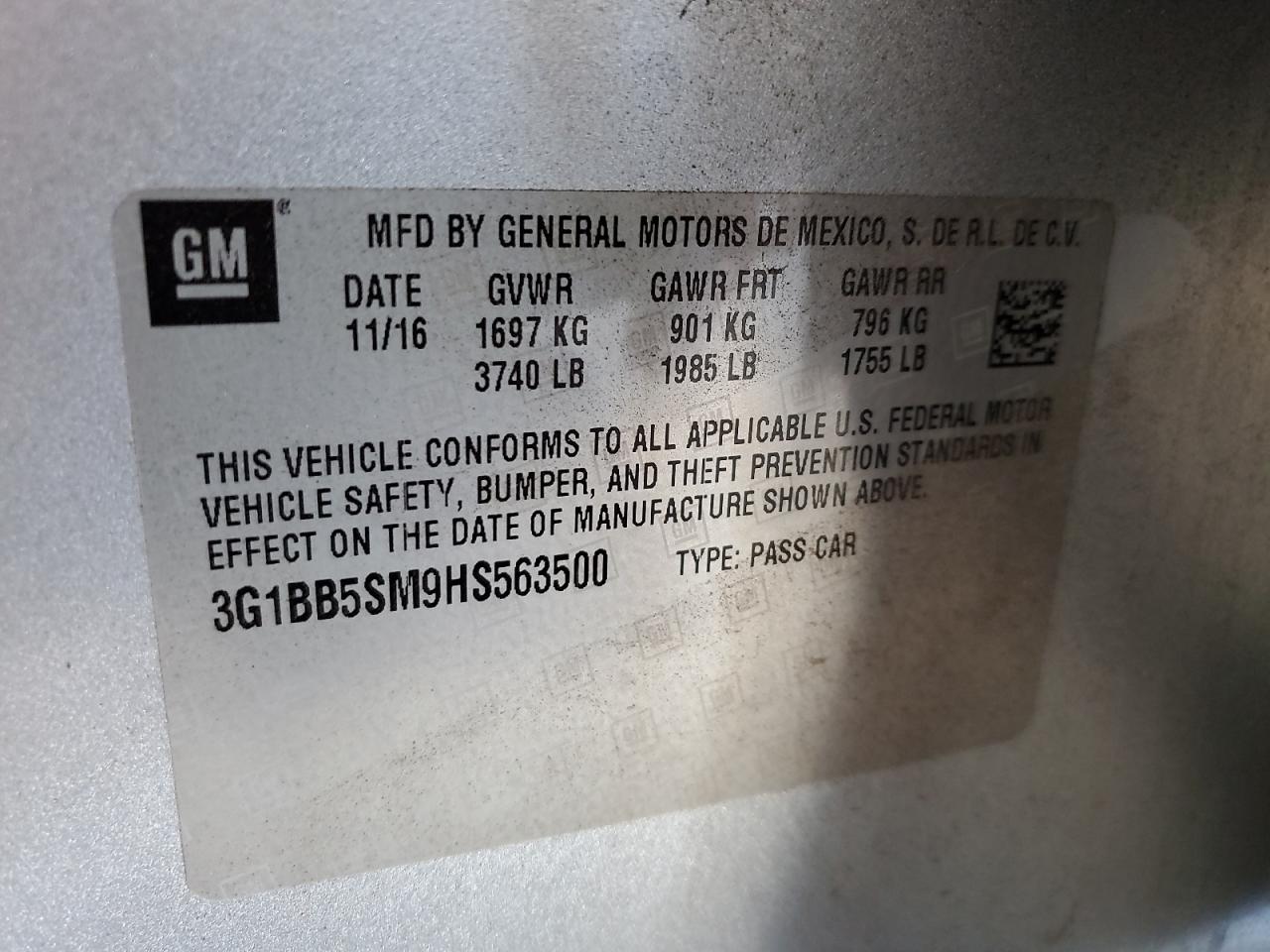 2017 Chevrolet Cruze Ls VIN: 3G1BB5SM9HS563500 Lot: 81651235