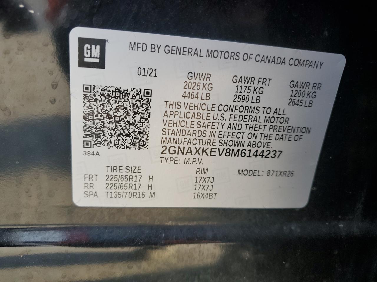 2021 Chevrolet Equinox Lt VIN: 2GNAXKEV8M6144237 Lot: 84241755