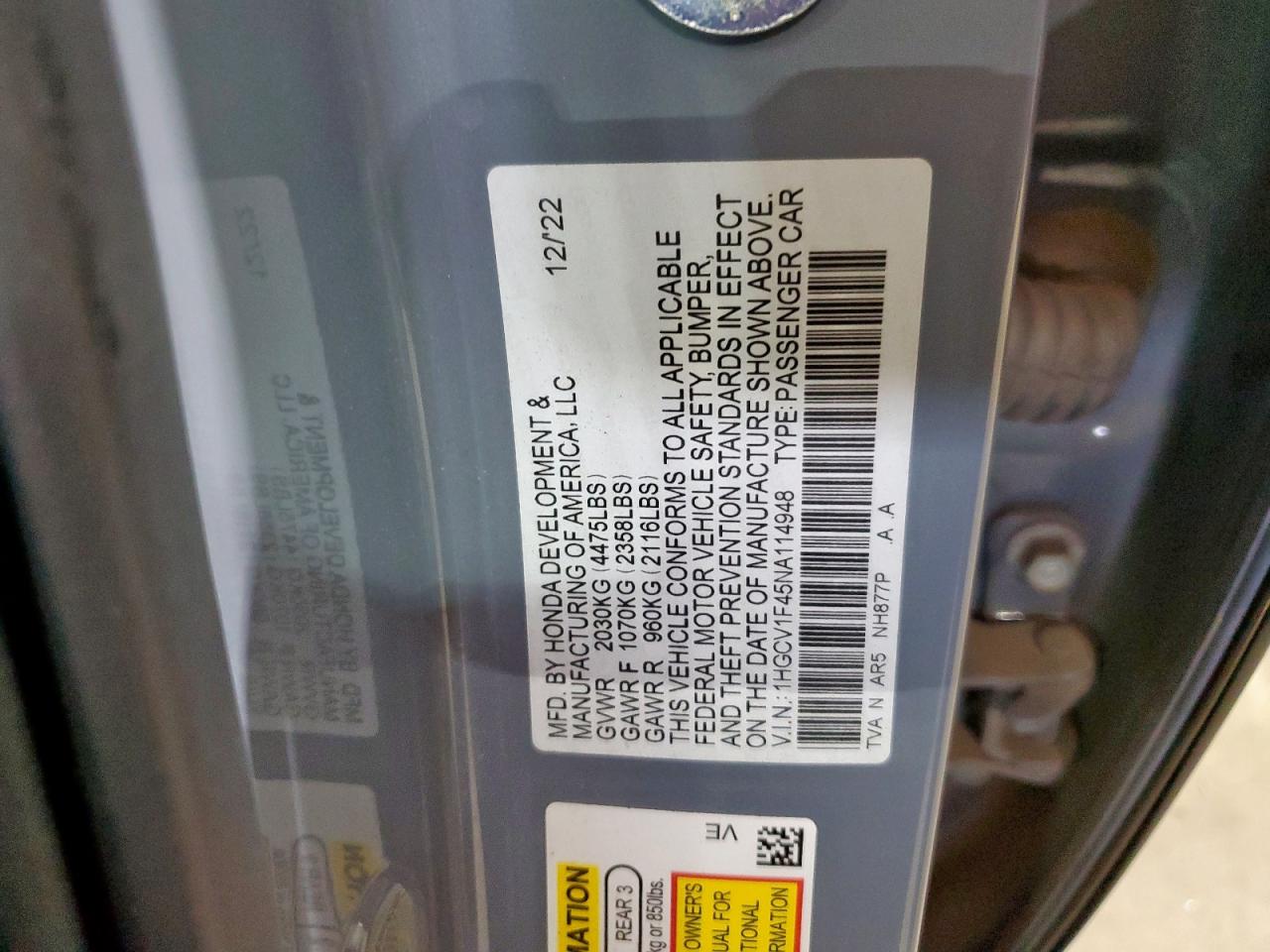 2022 Honda Accord Sport Se VIN: 1HGCV1F45NA114948 Lot: 81917765