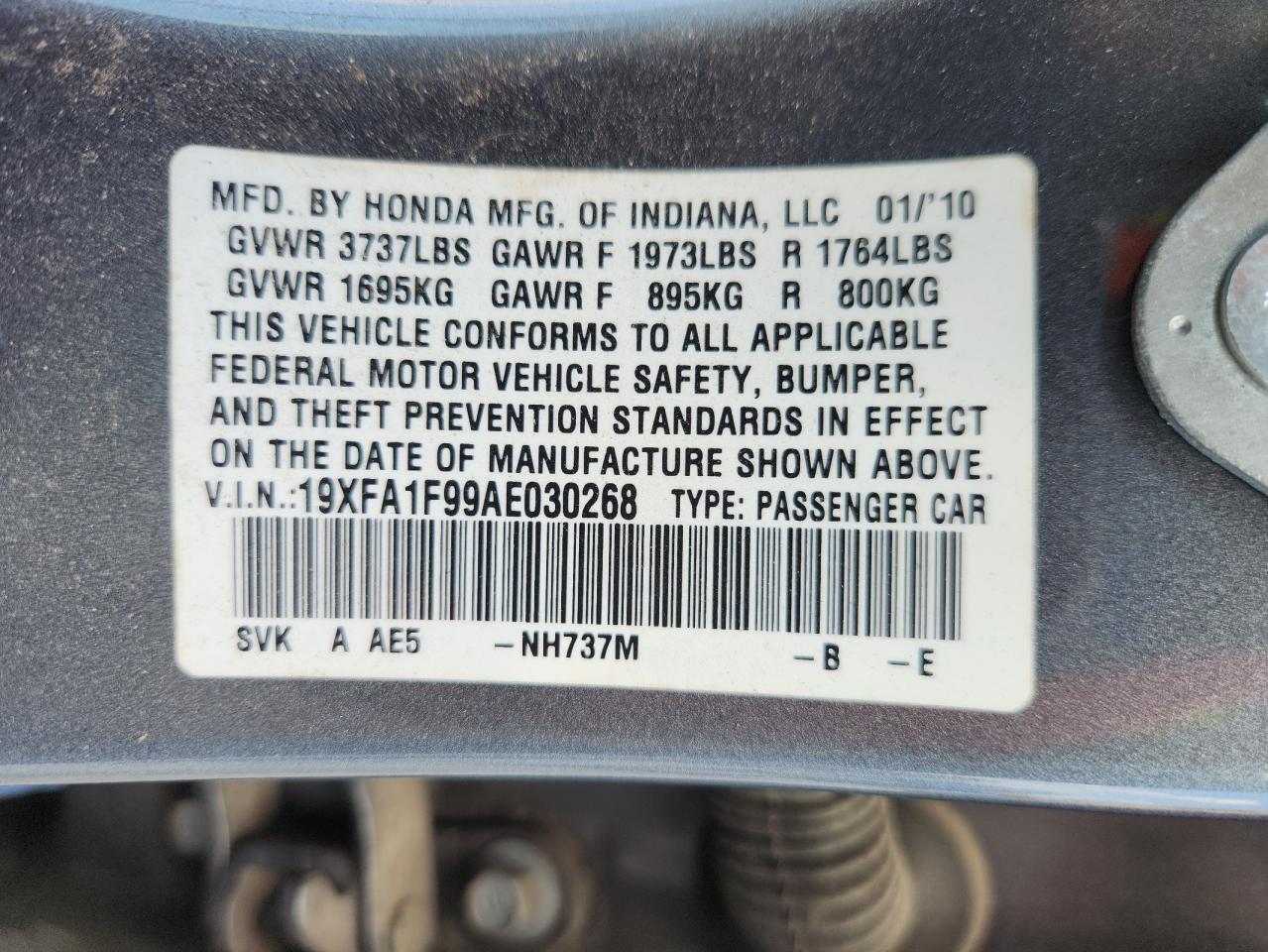 2010 Honda Civic Exl VIN: 19XFA1F99AE030268 Lot: 80193195