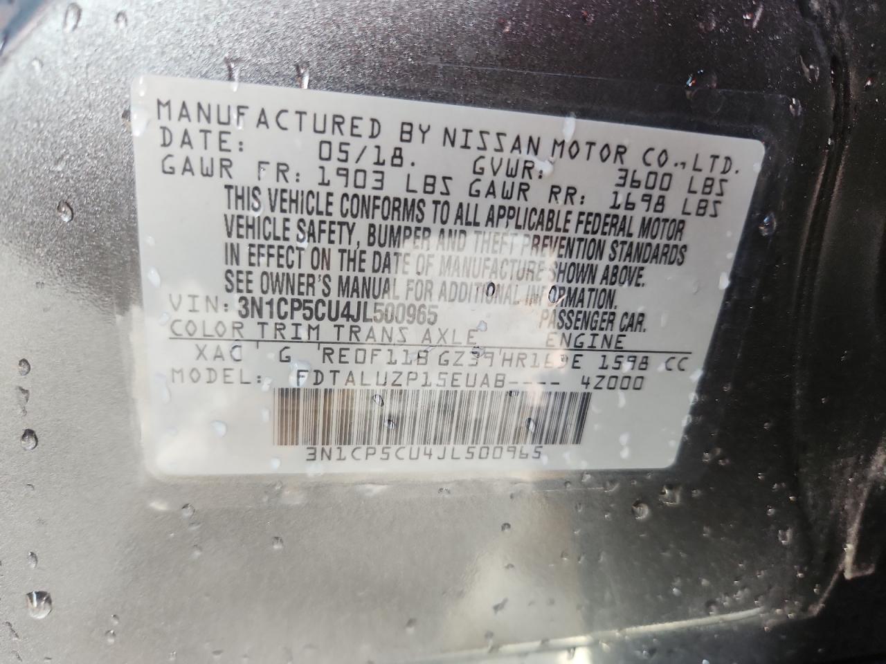 2018 Nissan Kicks S VIN: 3N1CP5CU4JL500965 Lot: 71721235